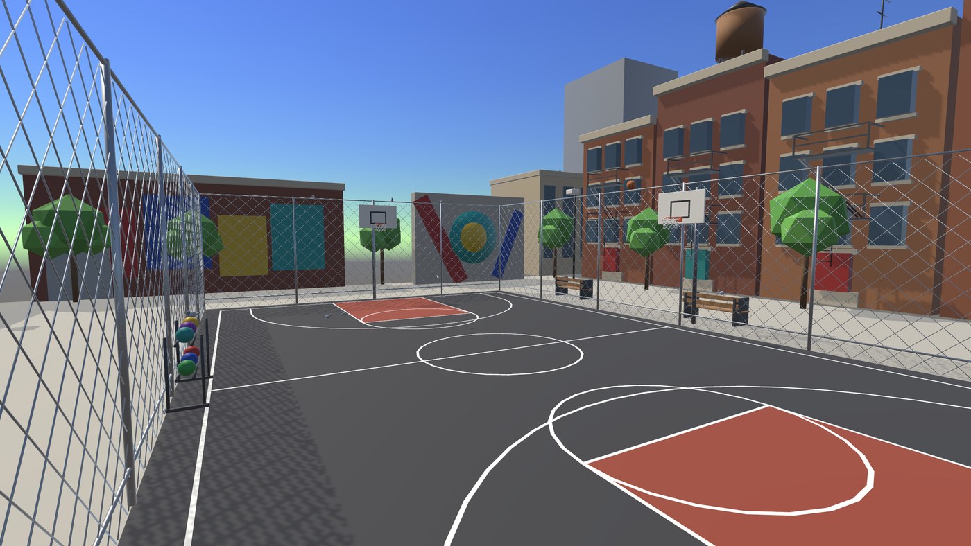 The court, cage and brownstones